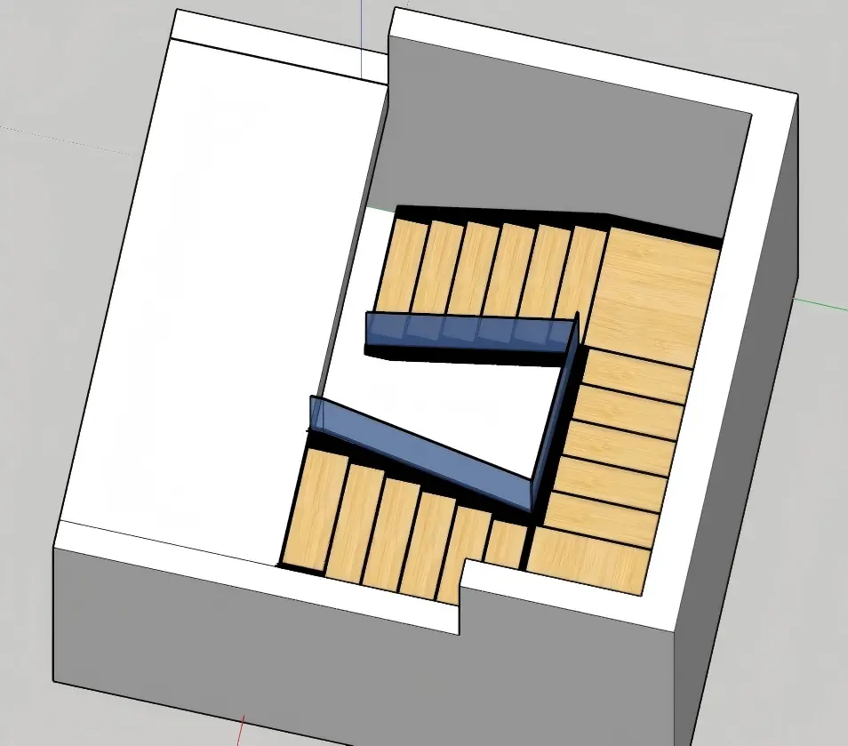 3D top‑view CAD drawing of twin steel plate stringer staircase layout