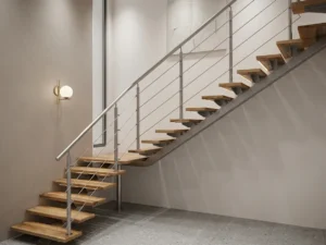 Mono‑stringer staircase with wood tread and glass railing, modern open‑riser single steel beam stair for residential interior