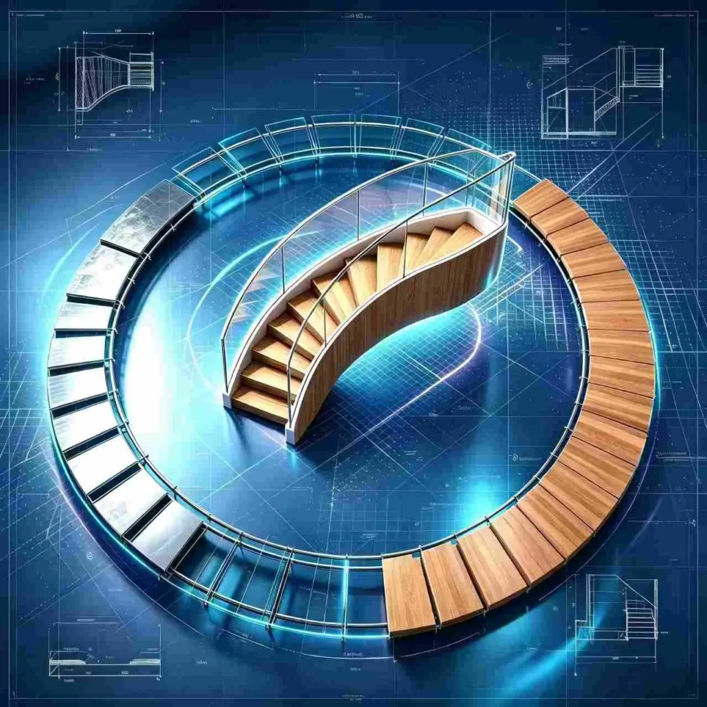 Visuel du processus de fabrication d'un escalier quart-tournant sur mesure, escalier cintré en bois massif avec garde-corps en verre sur fond de plan d'ingénierie