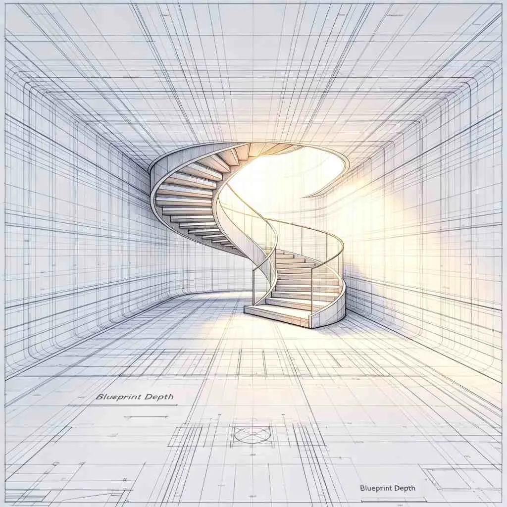 Dessin de plan architectural d'un escalier en colimaçon incurvé sur mesure avec rampe en verre