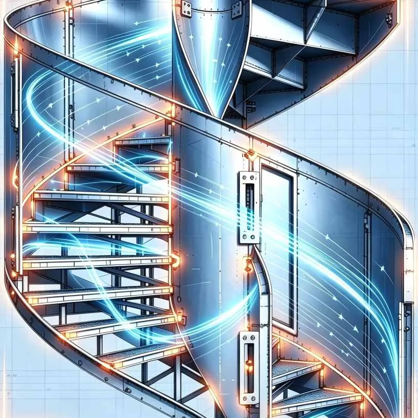 Technical engineering illustration of metal spiral staircase, steel structure custom spiral stair design