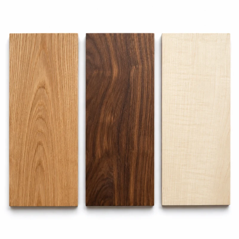 Échantillons de marches d'escalier en bois massif de chêne, Noyer et Érable, comparaison de matériaux en bois pour marches d'escalier intérieures