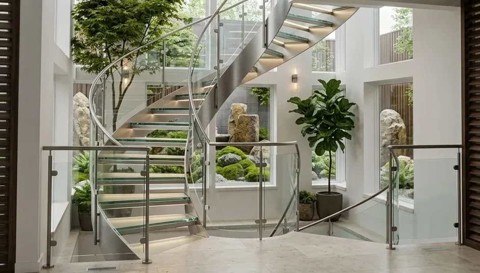 Minimalist industrial curved stairs with white structure and glass balustrade.