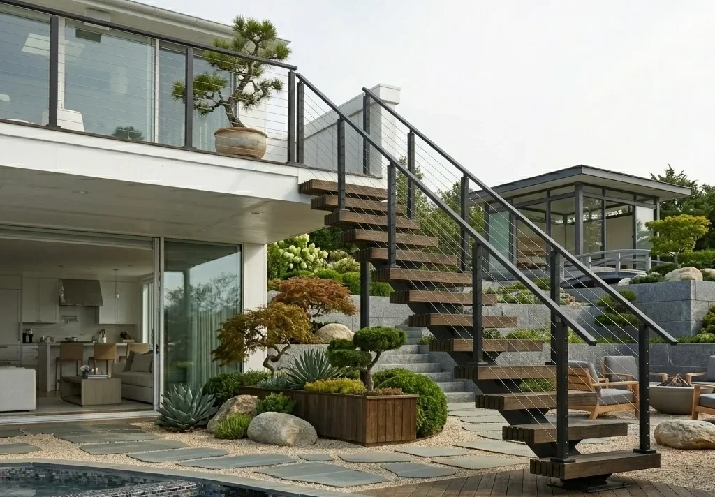 Exterior metal mono stringer stairs for outdoor balcony and garden patio