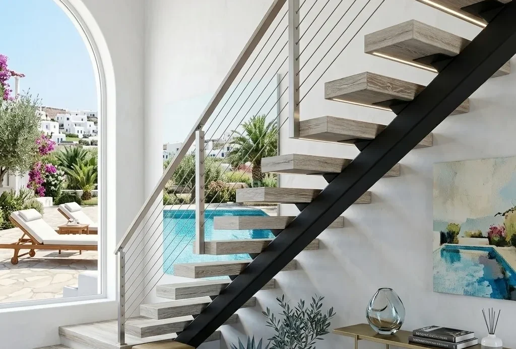 Luxury villa mono stringer stairs with cable railing facing swimming pool