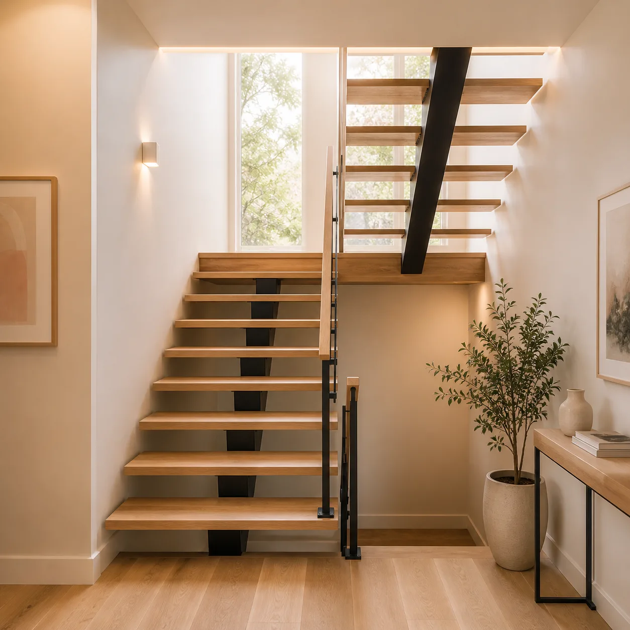 U‑shape mono‑stringer staircase with LED strip under wood treads, single steel beam stair for home renovation