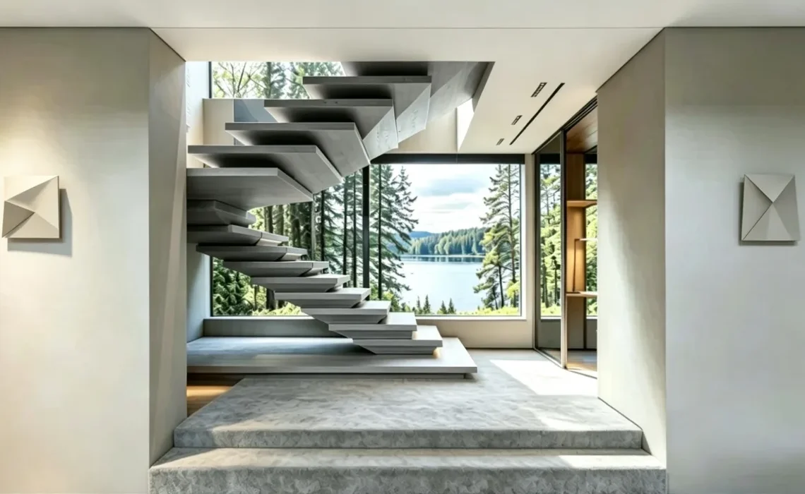 Minimalist modern stack stairs with white cantilevered treads and a forest view.