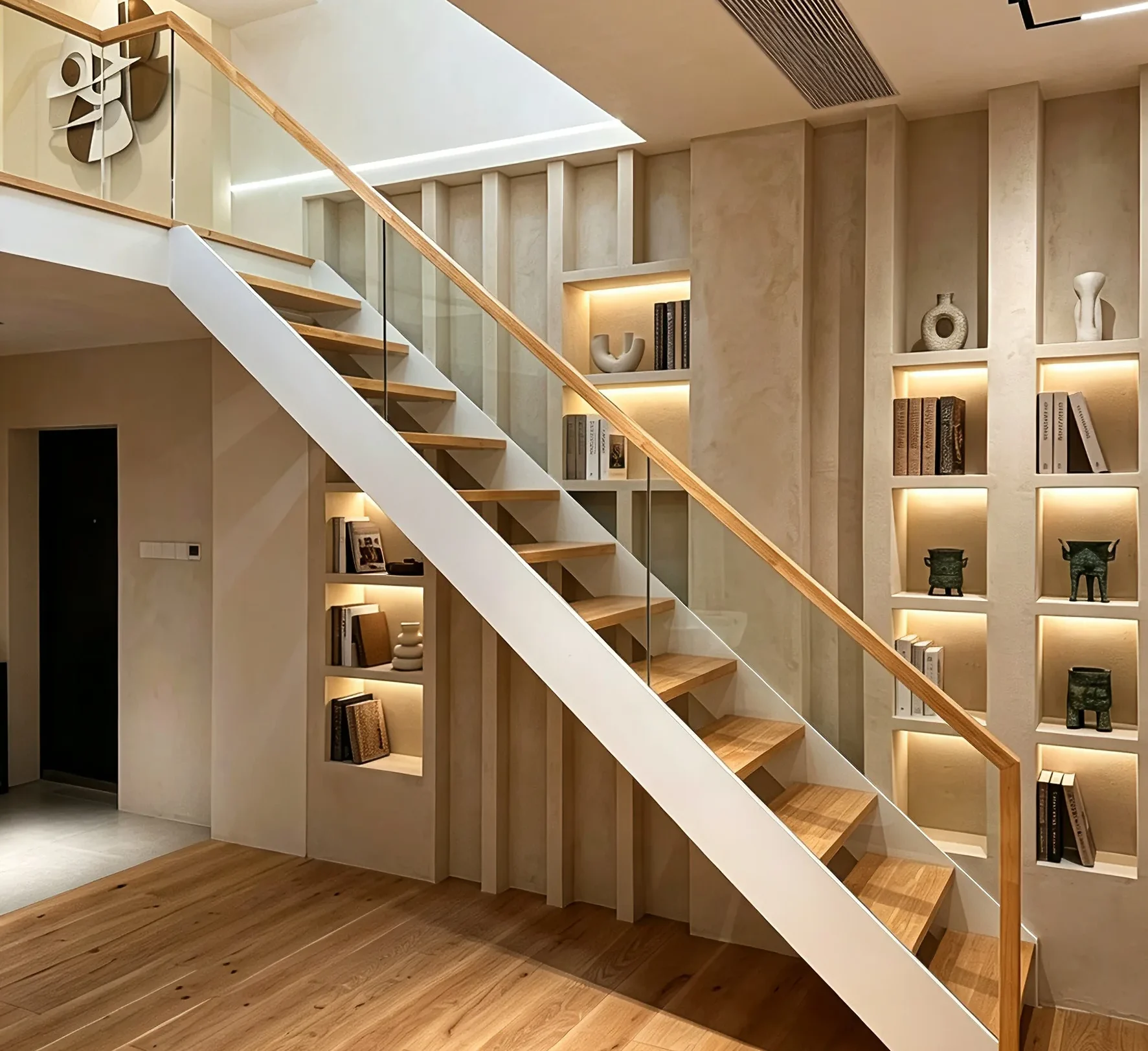 Modern minimalist double stringer straight floating staircase with wood treads and wooden handrail for interior home