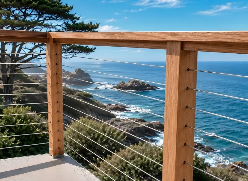 Pagar kabel kayu solid modern di balkon tepi pantai dengan pegangan kayu