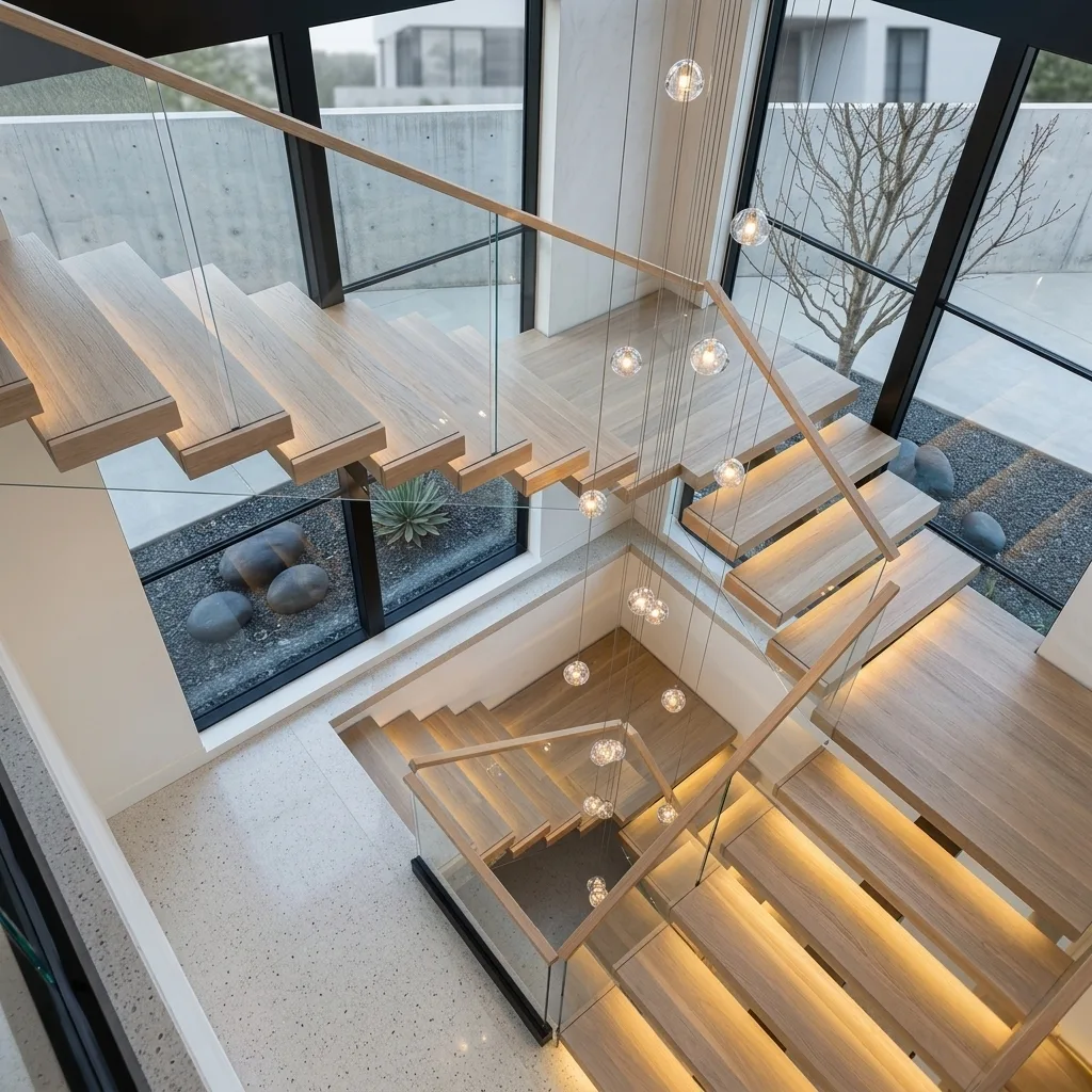 Black mono‑stringer staircase with wood treads and cable railing, modern open riser single stringer stair
