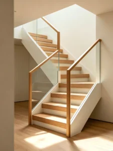 Straight wooden staircases with minimal glass railing for contemporary homes