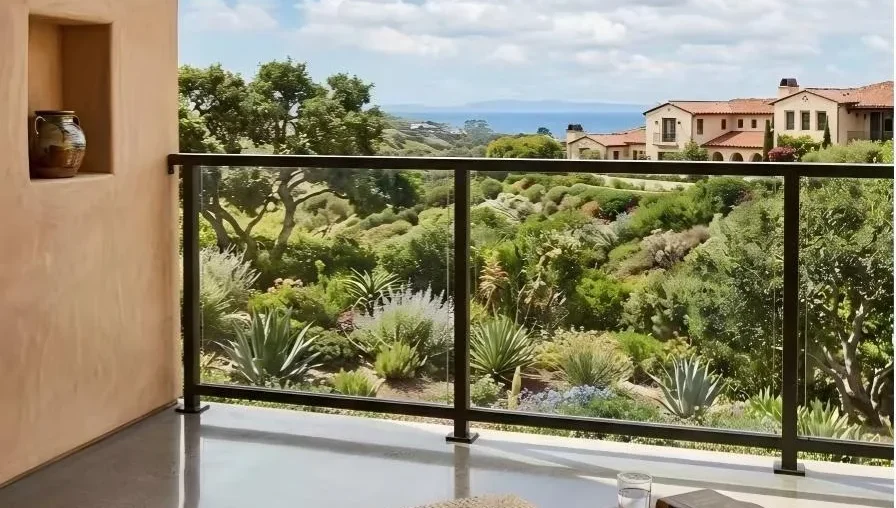 Black frame glass railing system for outdoor balcony with mountain view