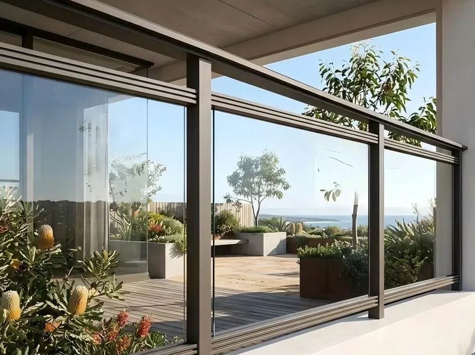 Framed glass railing system installation for luxury outdoor porch