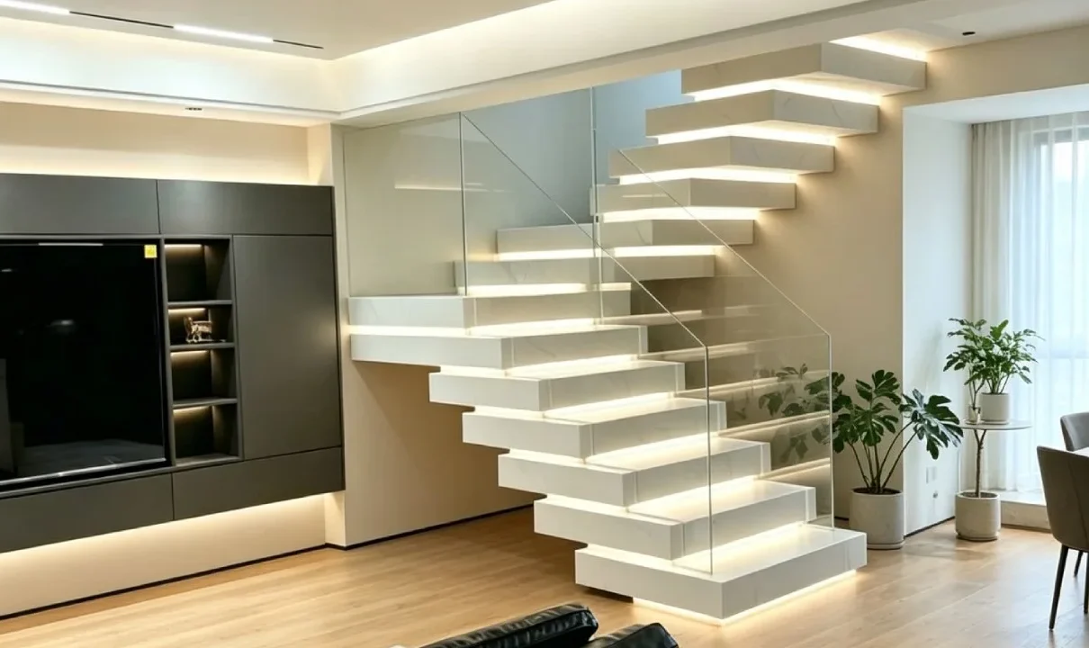 Illuminated modern stack stairs with glass balustrade and white box treads.