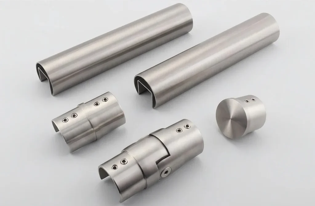 Prefabricated stainless steel handrail accessories including end caps and connectors