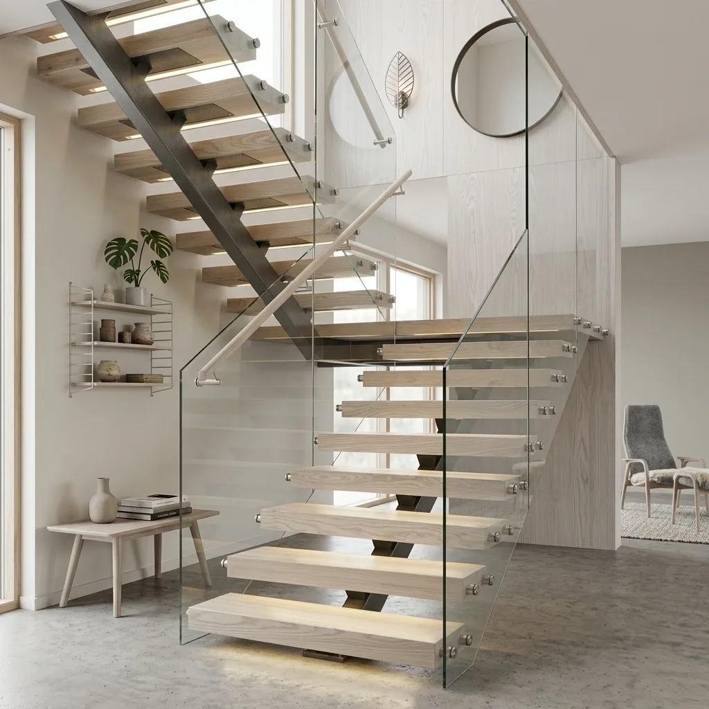 Modern custom made floating stairs with glass railing and oak treads