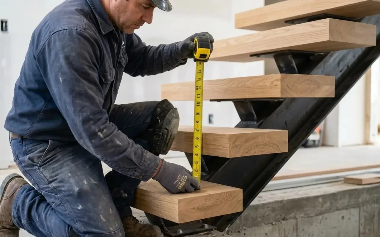 On-site measurement for custom made stairs wooden tread installation
