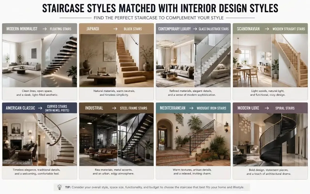 Custom made stairs comparison chart for various home interior design styles