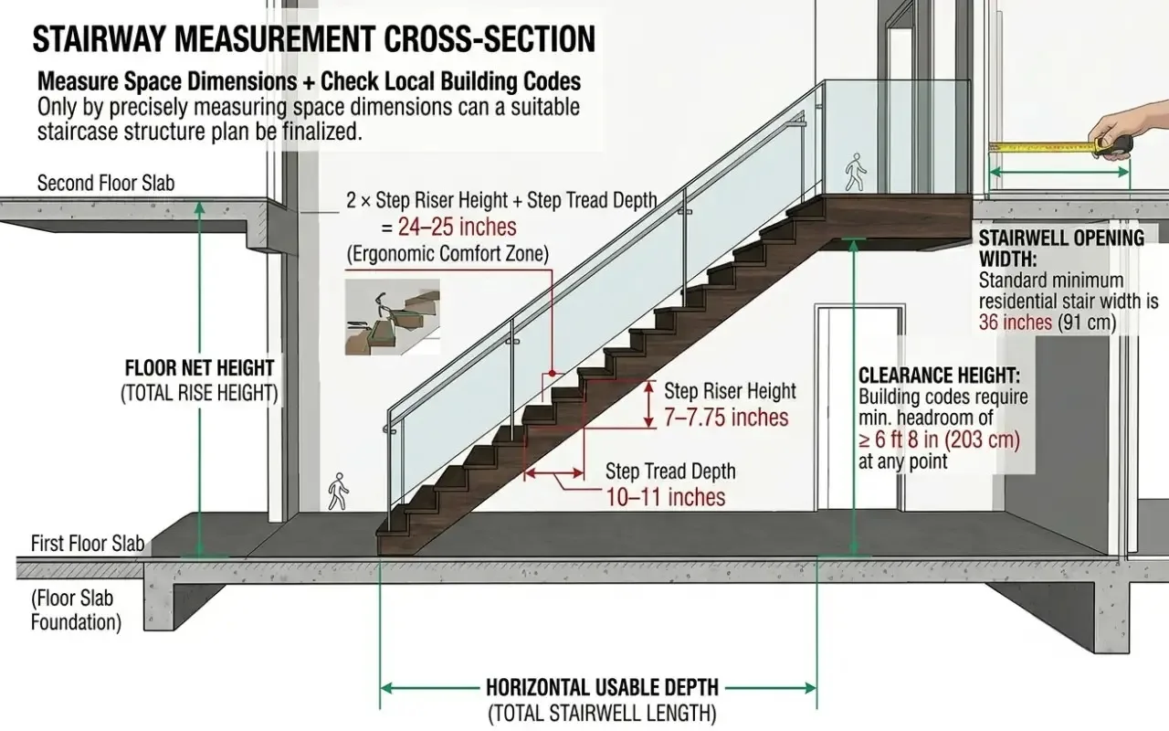 Cross-section diagram for custom made stairs measurement and building code guide