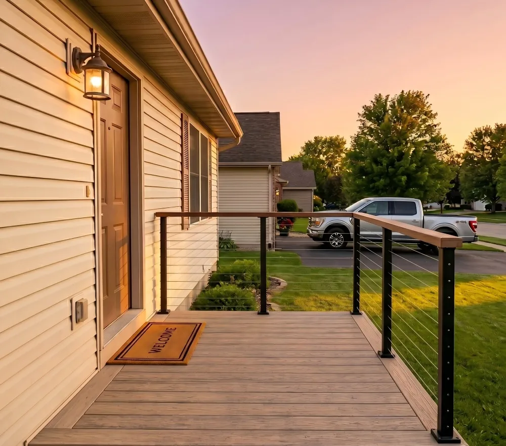 Modern front porch cable railing system with black posts and wood top rail
