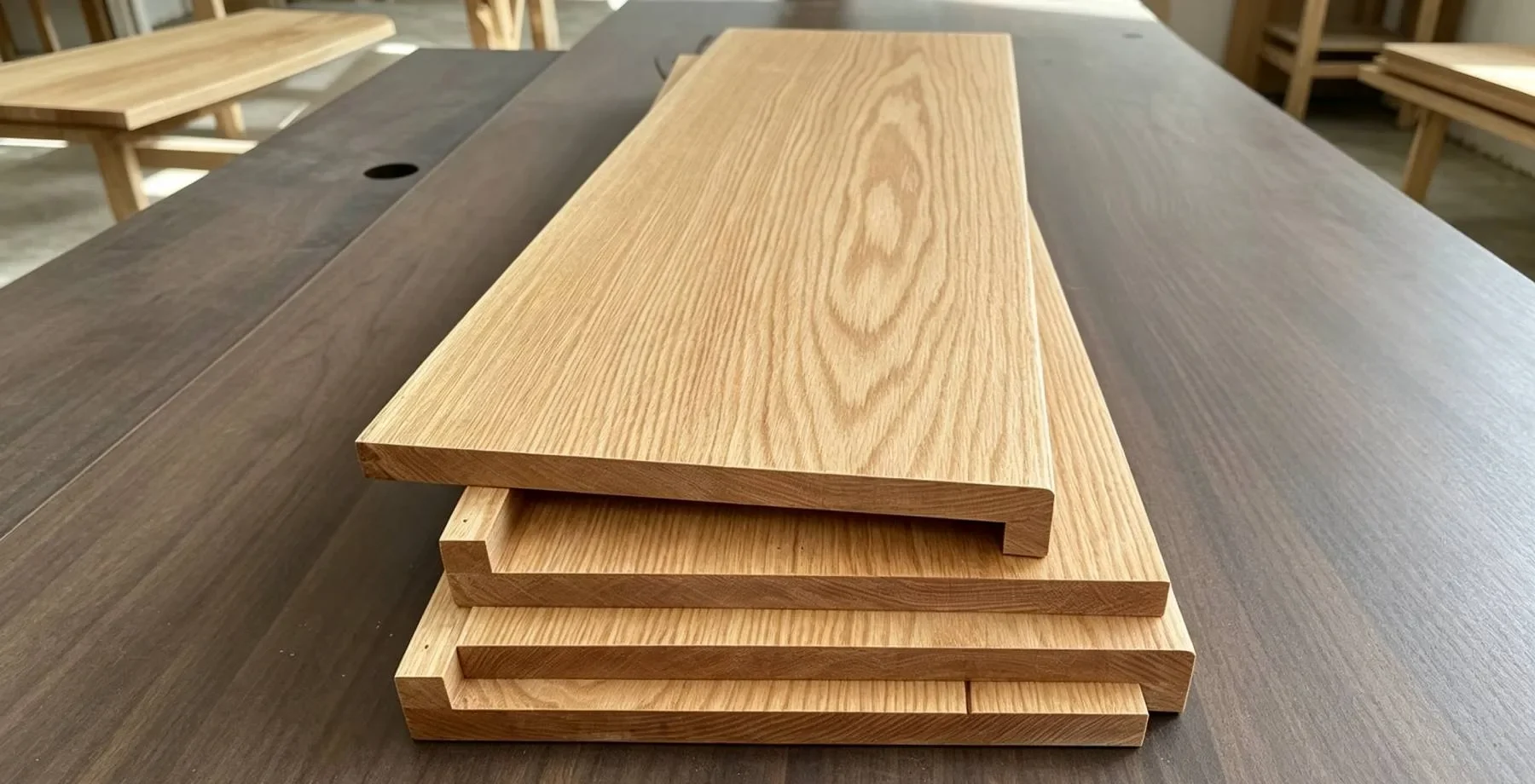 Custom hardwood wood treads with bullnose overhang edge profile
