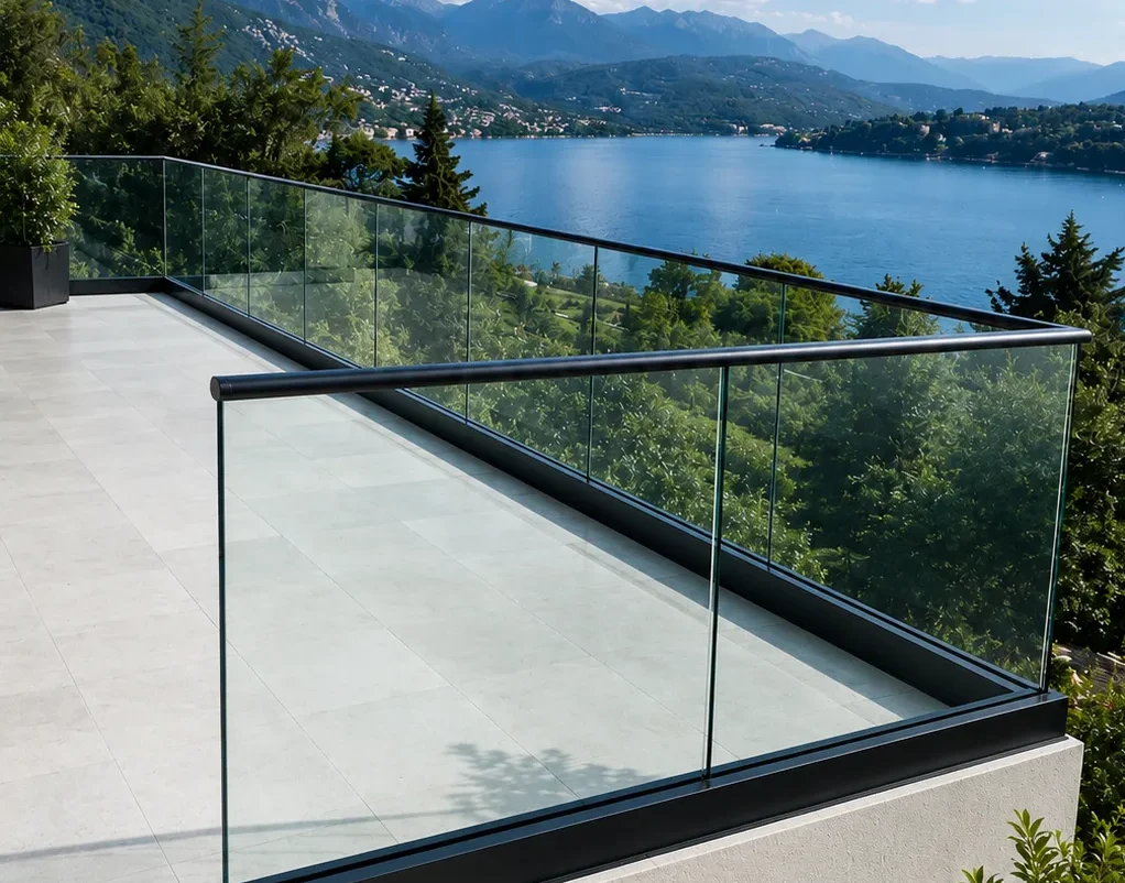 Exterior Frameless Glass Railing providing unobstructed panoramic view of lake and mountains