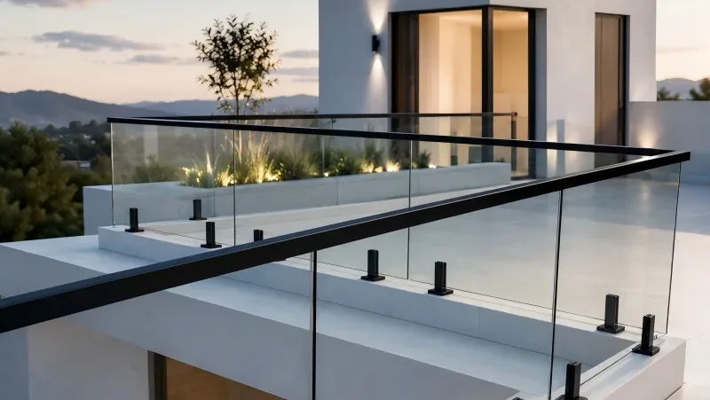Close up view of Frameless Glass Railing with black aluminum base channel and tempered glass panels
