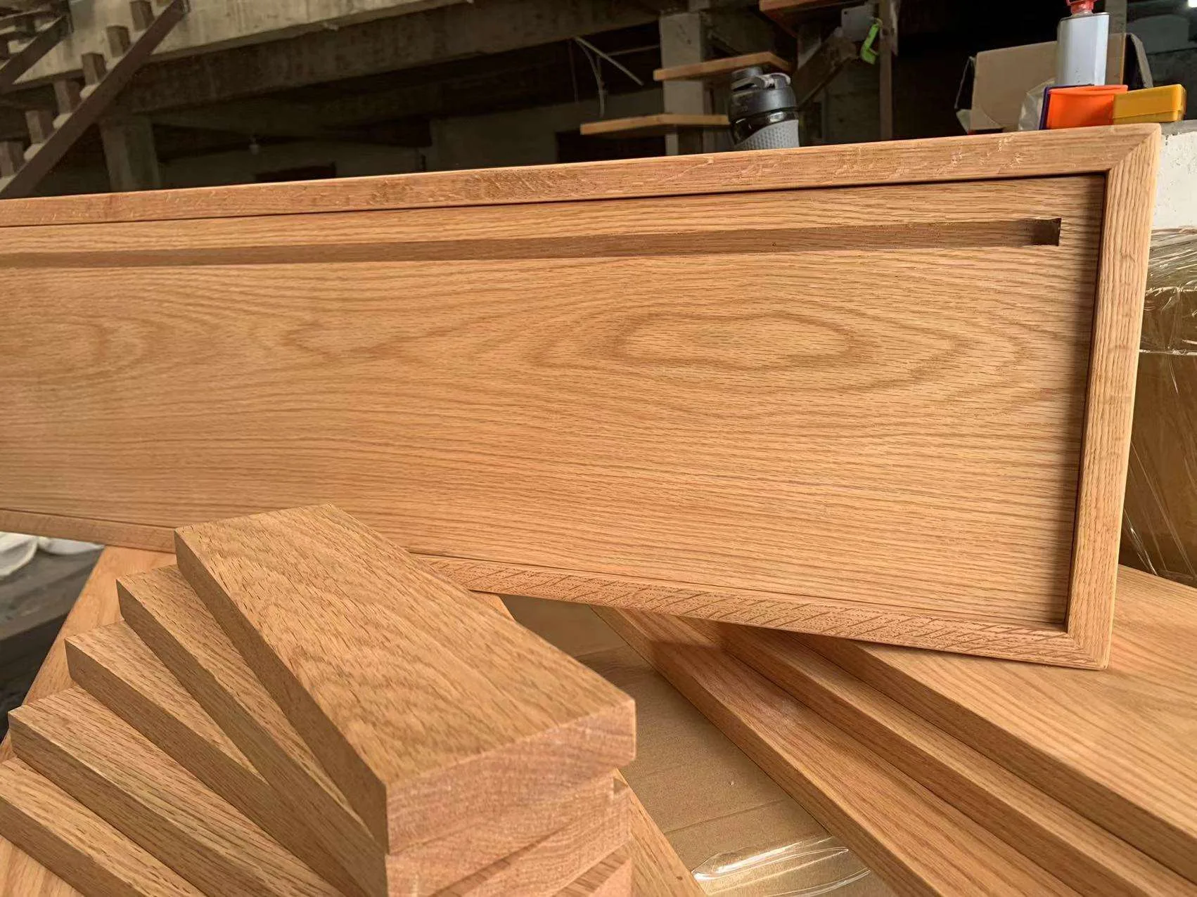 Precision grooved wood treads showing custom milled underside slots