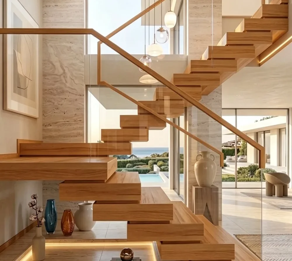 Modern stack stairs with wood box treads in a luxurious, bright residential living room.
