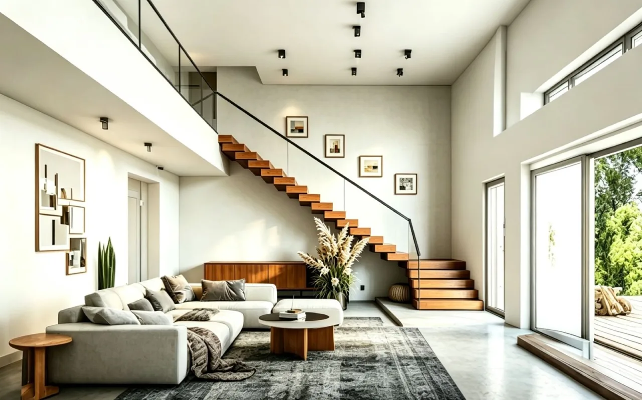 Modern stack stairs with wood treads in a high-ceiling open-plan living room.