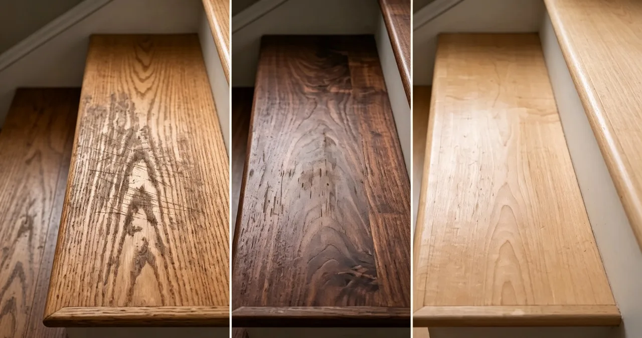 Wood stair steps comparison: worn‑damaged tread, dark stained wood step, light natural oak step